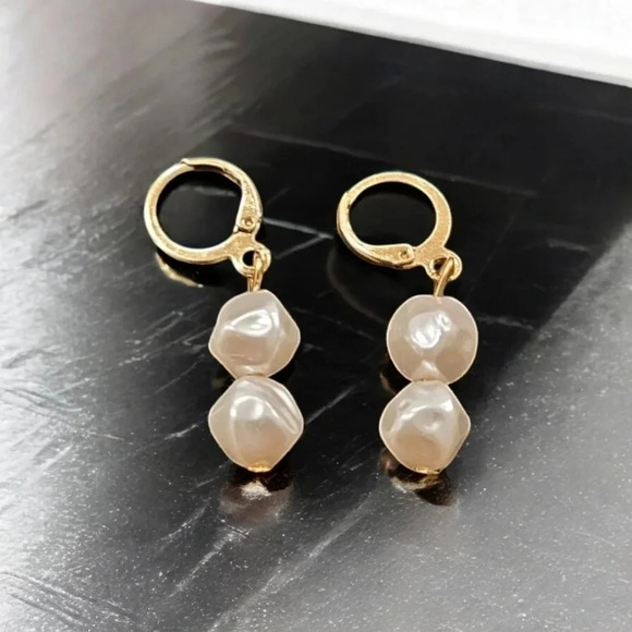 Faux Pearl Gold Plated Clamp Dangle Earrings - Picture 1 of 2
